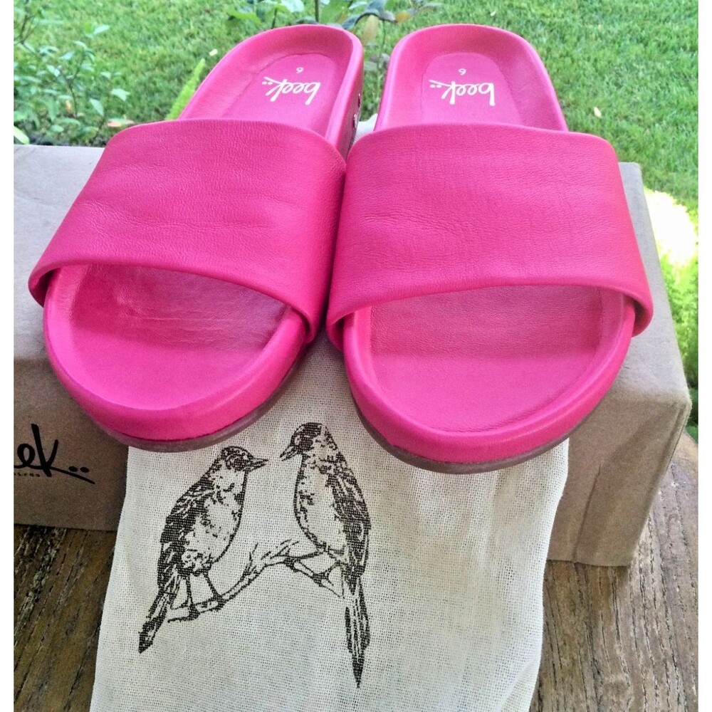 Beek Pelican Leather Platform Slide Sandals Size 6 Hibiscus Hot Pink Shoes w Bag - Picture 6 of 13